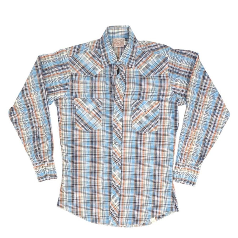 Vintage H Bar C Ranchwear Shirt 15-34 Blue Plaid Gold Lurex Pearl Snap USA EUC